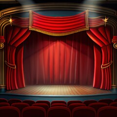Empty theater stage with red curtains, open opera show, created with generative ai