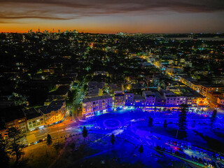 Aerial view of colourful Lights at night on Bondi Junction Australia.