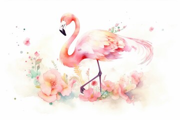 Flamingo Watercolor with Flowers - White Background