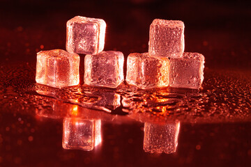 Red ice cubes on black background.
