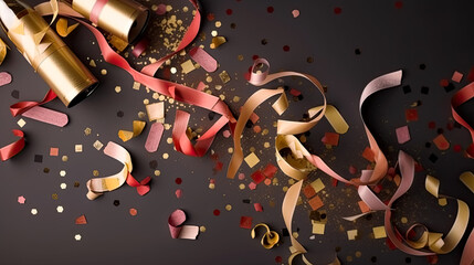 Confetti stars and party streamers with champagne, lay flat with copy space - Generative Ai - Confetti, Stars, Party, Streamers, Champagne, Celebration, Festive, Holiday, Occasion, Event, Ceremony, An