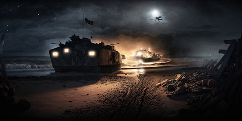 Nighttime Normandy landing during World War II - Generative AI - obrazy, fototapety, plakaty