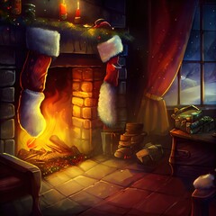 Santa Claus puts gifts in special socks on the fireplace, view from the back, Christmas night, created with generative ai