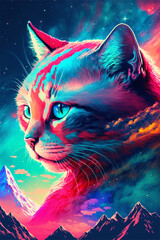Katzendame im Fantasy Stil, farbenfroh beleuchtetes Universum als Hintergrund, Heroisches Portrait einer Weiblichen Katze, vibrant colors cat lady 
