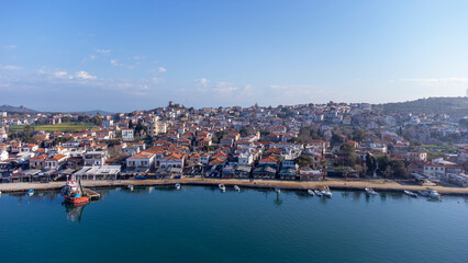 Aerial drone view of Cunda Island harbor. Balikesir - Turkey