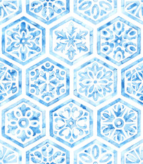 Blue and white Moroccan pattern. Watercolor hexagon ornament, decorative flowers. Cute summer textile print. Vector illustration.