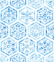 Tapeten Blue and white Moroccan pattern. Watercolor hexagon ornament, decorative flowers. Cute summer textile print. Vector illustration. © flovie