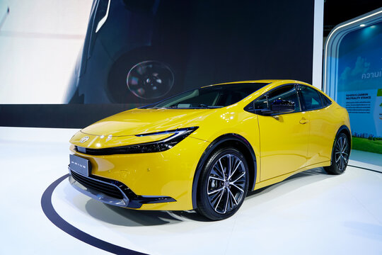 Bangkok, Thailand - 27 March 2023: Toyota Prius 2023 PLUG IN HYBRID at the BANGKOK INTERNATIONAL MOTOR SHOW 2023.
