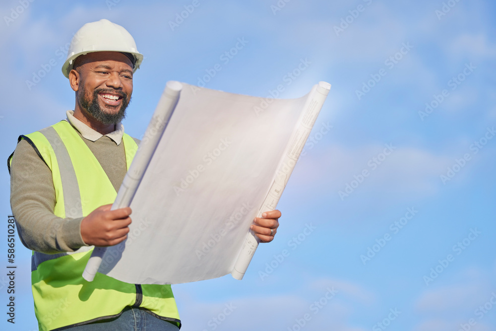 Sticker Mockup, black man and architect with blueprints, outdoor and construction for real estate, document and planning. African American male manager, inspector or leader with smile, engineer or contractor