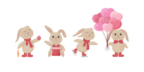 Rabbit Seth. Cute rabbit in cartoon style. A hare in various poses. A rabbit with a Christmas tree toy, with a box of gifts, on skates and with air bunks in the form of hearts. Vector illustration