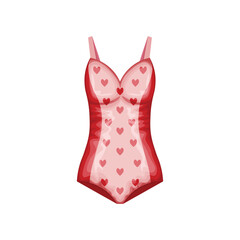 Swimsuit. Women s red bathing suit decorated with hearts. Beachwear. Vector illustration isolated on a white background