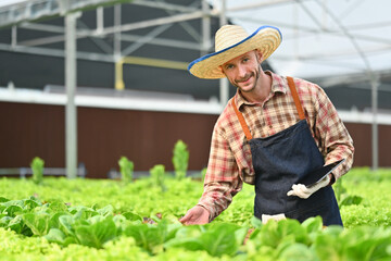 Obraz premium Farmer with digital tablet checking sustainable farming growth or progress in greenhouse. Business agriculture and technology concept