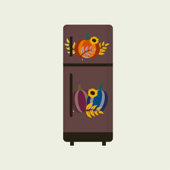  Illustration Flat Design Refrigerator with Pattern Pumpkins,Sunflowers