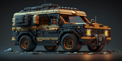 blocks car concept. Design of a car from a blocks constructor. Prototype toy car from a blocks constructor on a dark background. Created with Generative AI