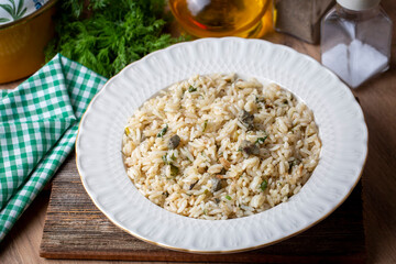 Traditional delicious Turkish food; rice pilaf with pine nuts and currants (Turkish name; ic pilav or pilaf)