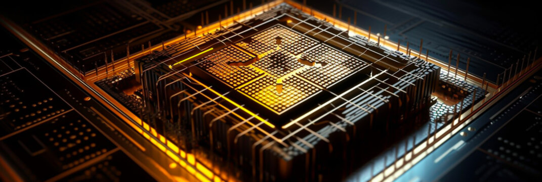 quantum computing concept, horizontal layout banner with copy space, generative ai