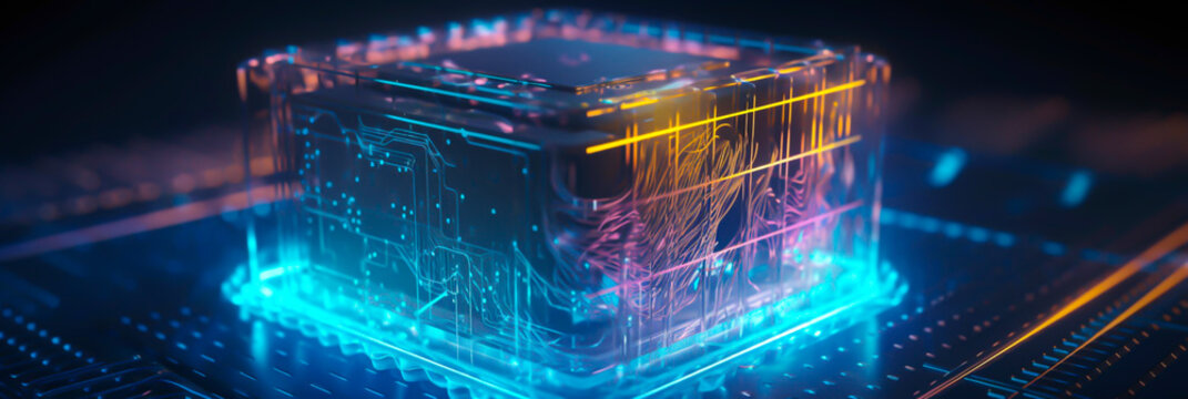 quantum computing concept, horizontal layout banner with copy space, generative ai