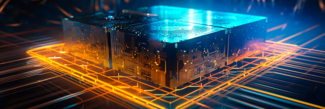 quantum computing concept, horizontal layout banner with copy space, generative ai