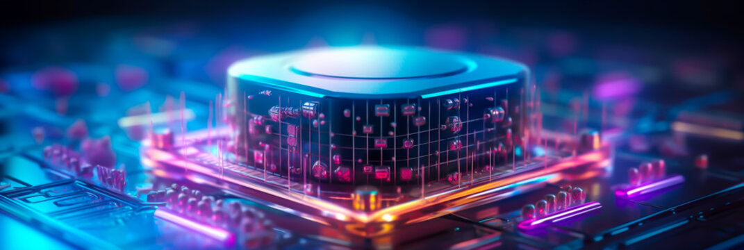 quantum computing concept, horizontal layout banner with copy space, generative ai