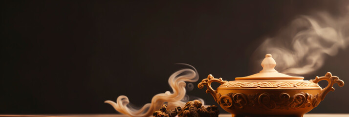 incense burner lose up in horizontal layout banner with copy space, generative ai