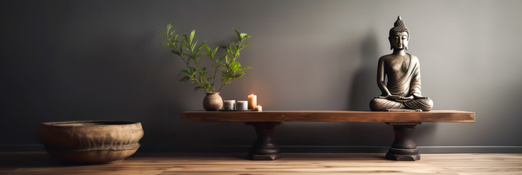 mediatation concept, a buda in horizontal layout banner with copy space, generative ai