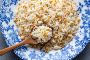 Traditional delicious Turkish food; Turkish style rice pilaf (Turkish name; Arpa sehriyeli pirinc pilavi)