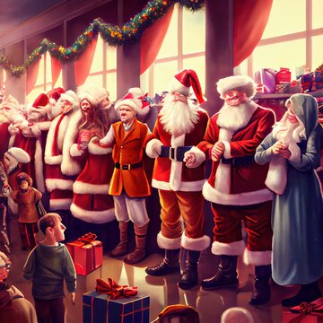 Department In The Store With Santa Claus Costumes, People Stand And Choose Their Size, Created With Generative Ai