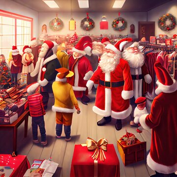 Department In The Store With Santa Claus Costumes, People Stand And Choose Their Size, Created With Generative Ai