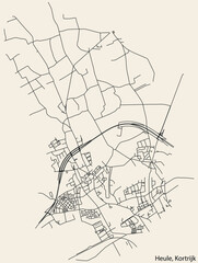 Detailed hand-drawn navigational urban street roads map of the HEULE MUNICIPALITY of the Belgian city of KORTRIJK, Belgium with vivid road lines and name tag on solid background