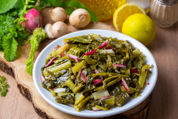 Traditional Turkish appetizers; Aegean Herbs Salad, Radish Salad. Turkish name; ege otlari mezesi or salatasi