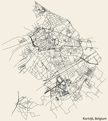 Fototapeta na wymiar Detailed hand-drawn navigational urban street roads map of the KORTRIJK MUNICIPALITY of the Belgian city of KORTRIJK, Belgium with vivid road lines and name tag on solid background