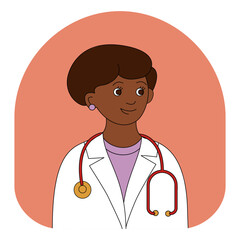 Fototapeta premium Woman doctor. Portrait of a young dark-skinned woman in a medical gown and with a stethoscope. Vector color illustration.