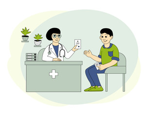 Reception at the doctor. A woman doctor advises a young man - a patient, gives him a prescription. Vector color illustration.