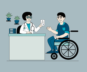 Reception at the doctor. A female doctor consults a man in a wheelchair holding a medical prescription. Vector color illustration.