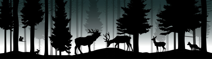 Silhouette of wild forest woods animals deer and misty fog forest fir spruce trees camping adventure outdoor wildlife hunting landscape panorama illustration icon vector for logo