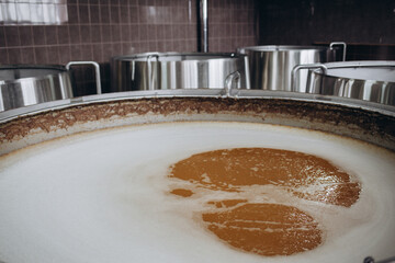 copper distillery tanks in brewery. Beer factory