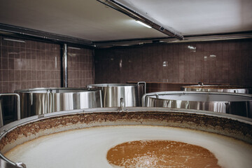 Process of fermentation and filtration of beer inside the vat.
