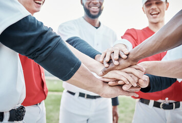 Hands, baseball motivation or men in huddle with support, hope or faith on baseball field in game...