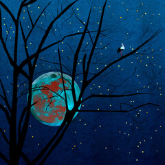 Ilustracja grafika krajobraz nocny bocian siedzący na drzewie na tle nieba i oświetlona kula ziemska i gwiazdy. © Monika
