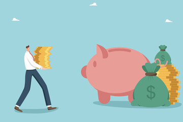 Financial obligations, monthly payment of the interest rate on a loan or mortgage, the concept of borrowing money, making a profit from investments, a man carries a stack of coins to a piggy bank.
