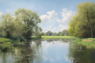 Fototapeta na wymiar Tranquil Pond with Ducks and Trees 
