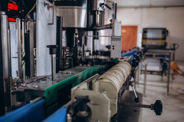 Brewer looking at conveyor with beer bottles. Young man supervising the manufacturing process of beer at brewery factory