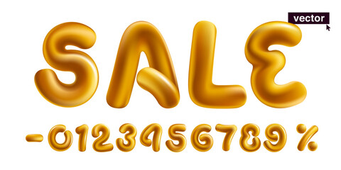 Metallic golden Sale lettering with numbers set and percentage sign. Realistic 3D design in cartoon fun style on white background.