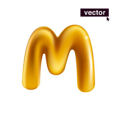 Letter M logo. Metallic golden ballon icon. Realistic 3D luxury design in fun style with glossy shine effects.