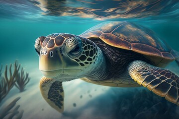 Close-up realistic sea turtle swims in the underwater world. Generative AI