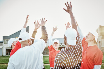 Hands up, motivation or baseball people in huddle with support, hope or faith on sports field in...