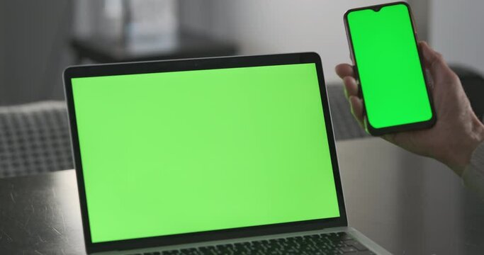 Green laptop screen, woman's hand holding smartphone with chromakey beside it. Concept comparison apps online, reading, web surfing, shopping.