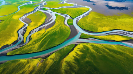 Drone view on braided river of Markarfljot in Iceland. Generative AI - obrazy, fototapety, plakaty