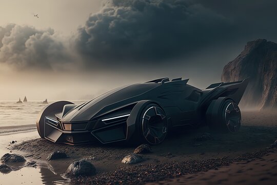 An unusual modern car on the beach near the sea.Futuristic innovative car. Generative AI