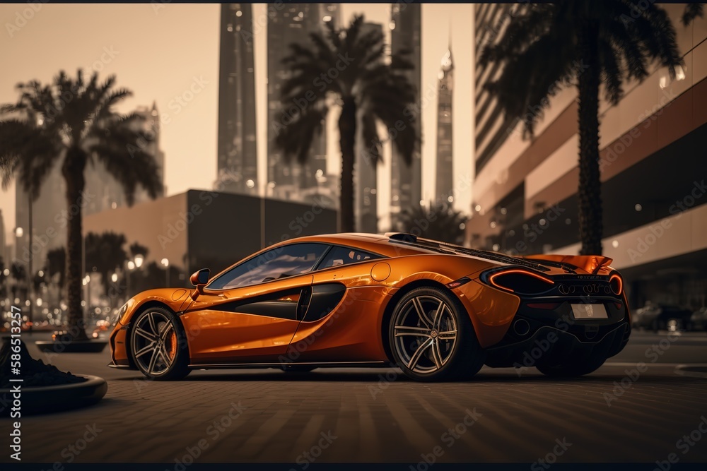 Poster a beautiful modern yellow car in a metropolis with palm trees.futuristic innovative car. generative 